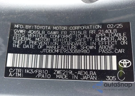 2025 Toyota Corolla Hybrid Le z USA, uszkodzony, nr VIN JTDBCMFE9S3088980